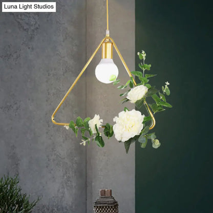 Gold Iron Rectangle/Round Frame Pendant Light with Artificial Bloom Deco - Stylish Suspended Ceiling Fixture