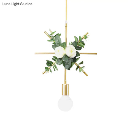 Gold Iron Rectangle/Round Frame Pendant Light with Artificial Bloom Deco - Stylish Suspended Ceiling Fixture