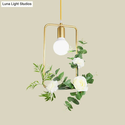 Gold Iron Rectangle/Round Frame Pendant Light with Artificial Bloom Deco - Stylish Suspended Ceiling Fixture