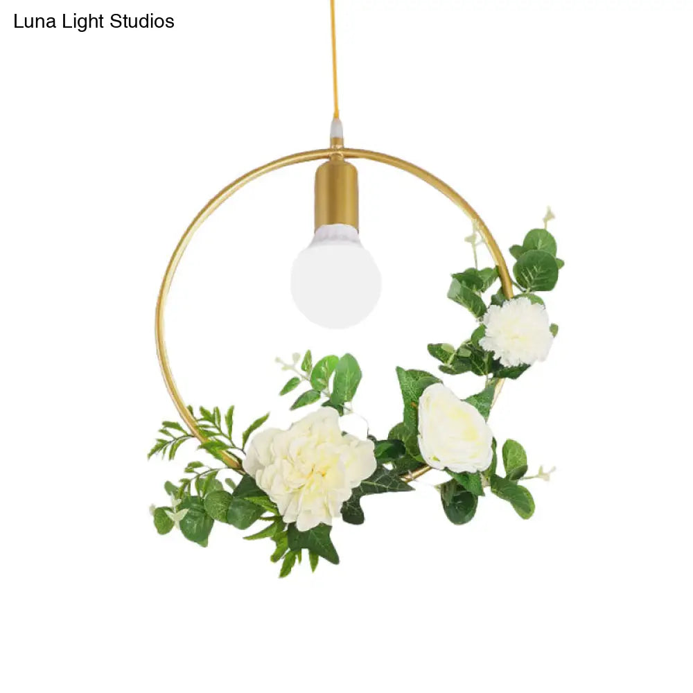 Gold Iron Rectangle/Round Frame Pendant Light with Artificial Bloom Deco - Stylish Suspended Ceiling Fixture