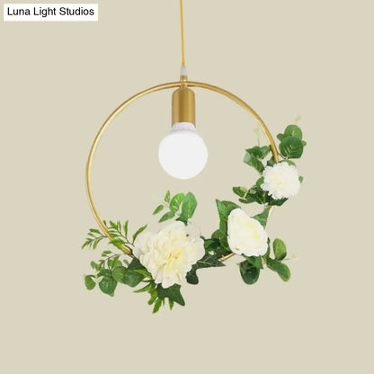 Gold Iron Rectangle/Round Frame Pendant Light with Artificial Bloom Deco - Stylish Suspended Ceiling Fixture