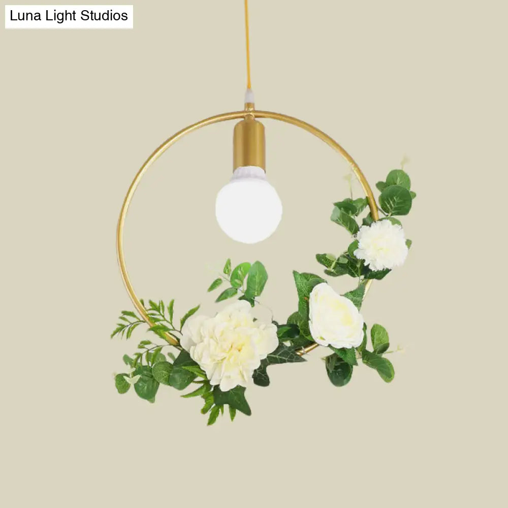 Gold Iron Rectangle/Round Frame Pendant Light with Artificial Bloom Deco - Stylish Suspended Ceiling Fixture