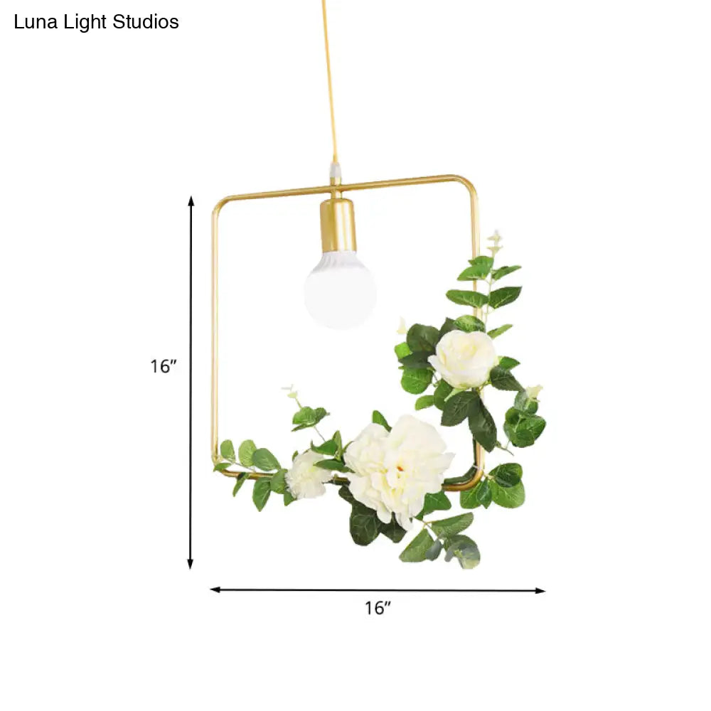 Gold Iron Rectangle/Round Frame Pendant Light with Artificial Bloom Deco - Stylish Suspended Ceiling Fixture