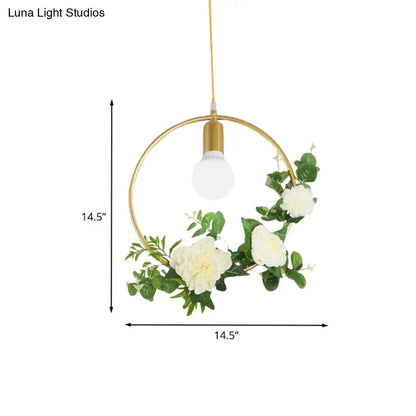 Gold Iron Rectangle/Round Frame Pendant Light with Artificial Bloom Deco - Stylish Suspended Ceiling Fixture