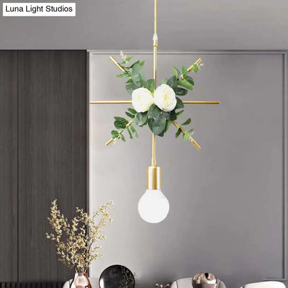 Gold Iron Rectangle/Round Frame Pendant Light with Artificial Bloom Deco - Stylish Suspended Ceiling Fixture