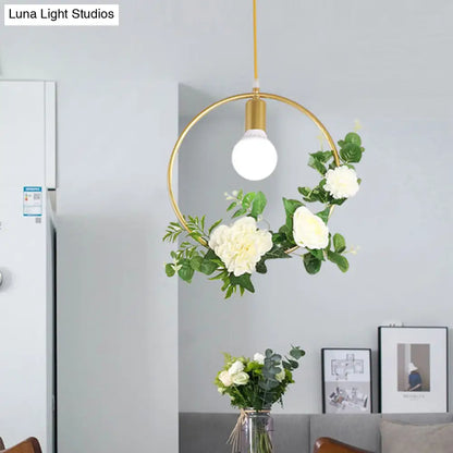 Gold Iron Rectangle/Round Frame Pendant Light with Artificial Bloom Deco - Stylish Suspended Ceiling Fixture