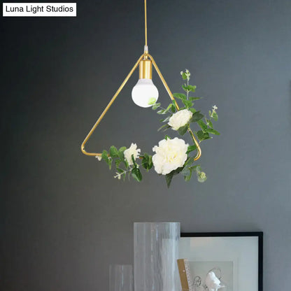 Gold Iron Rectangle/Round Frame Pendant Light with Artificial Bloom Deco - Stylish Suspended Ceiling Fixture