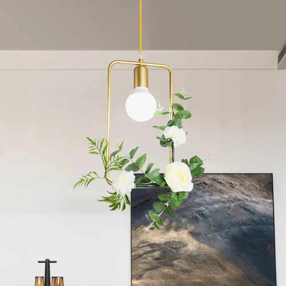 Gold Iron Rectangle/Round Frame Pendant Light with Artificial Bloom Deco - Stylish Suspended Ceiling Fixture