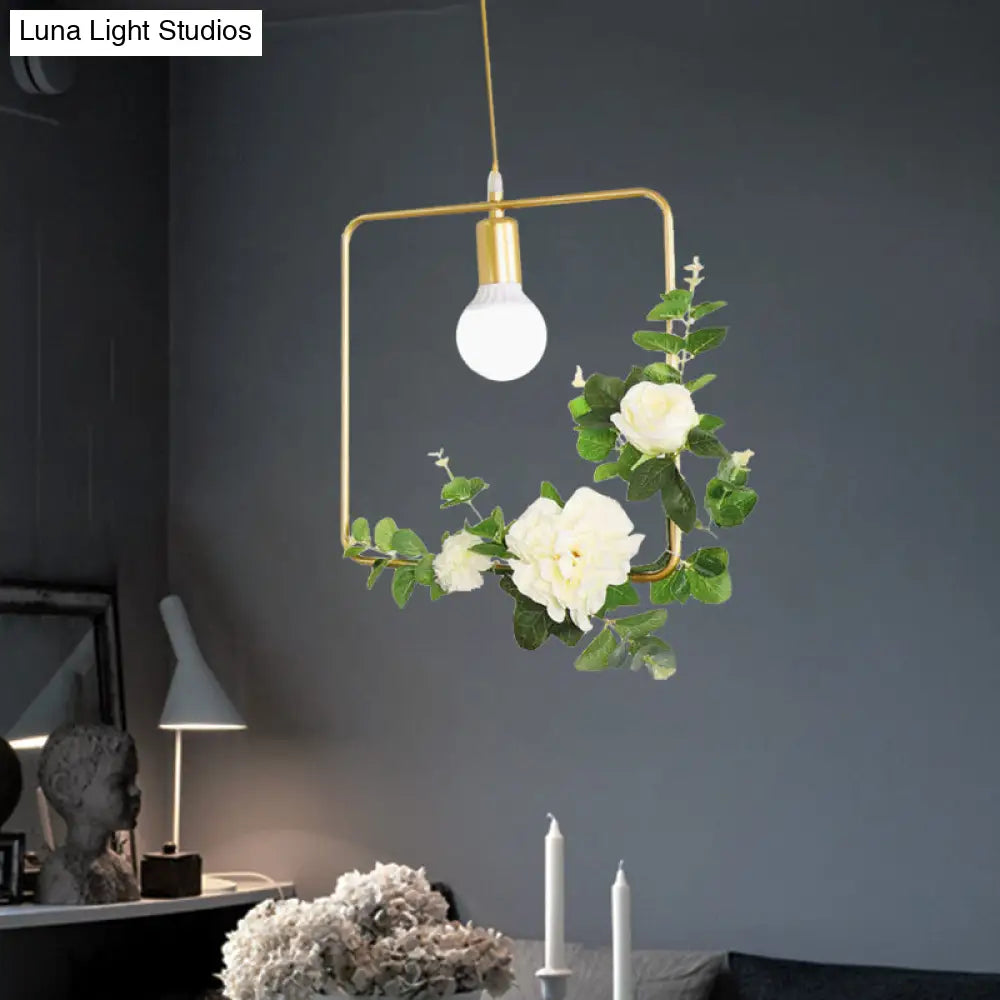 Gold Iron Rectangle/Round Frame Pendant Light with Artificial Bloom Deco - Stylish Suspended Ceiling Fixture