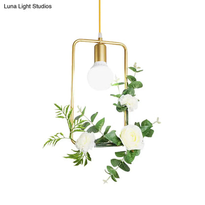 Gold Iron Rectangle/Round Frame Pendant Light with Artificial Bloom Deco - Stylish Suspended Ceiling Fixture