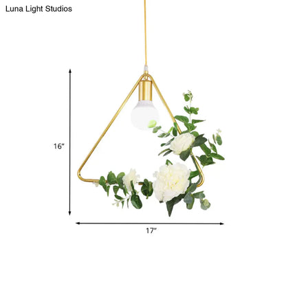 Gold Iron Rectangle/Round Frame Pendant Light with Artificial Bloom Deco - Stylish Suspended Ceiling Fixture