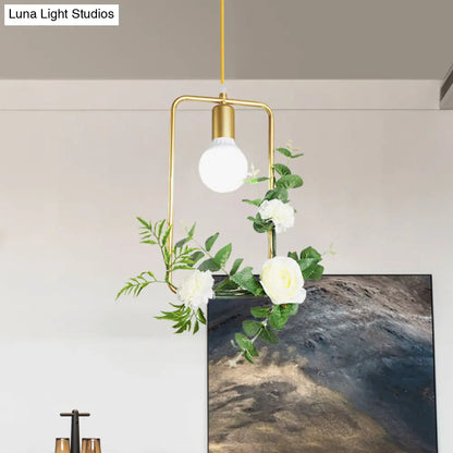 Gold Iron Rectangle/Round Frame Pendant Light with Artificial Bloom Deco - Stylish Suspended Ceiling Fixture