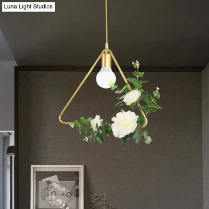 Gold Iron Rectangle/Round Frame Pendant Light with Artificial Bloom Deco - Stylish Suspended Ceiling Fixture