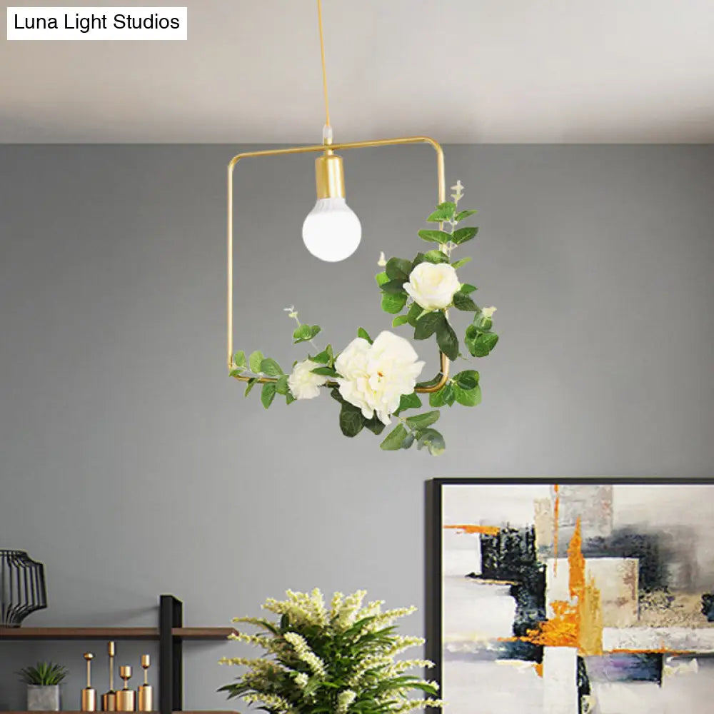 Gold Iron Rectangle/Round Frame Pendant Light with Artificial Bloom Deco - Stylish Suspended Ceiling Fixture