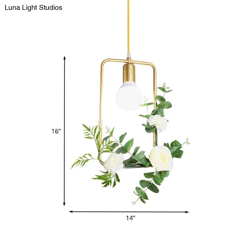 Gold Iron Rectangle/Round Frame Pendant Light with Artificial Bloom Deco - Stylish Suspended Ceiling Fixture