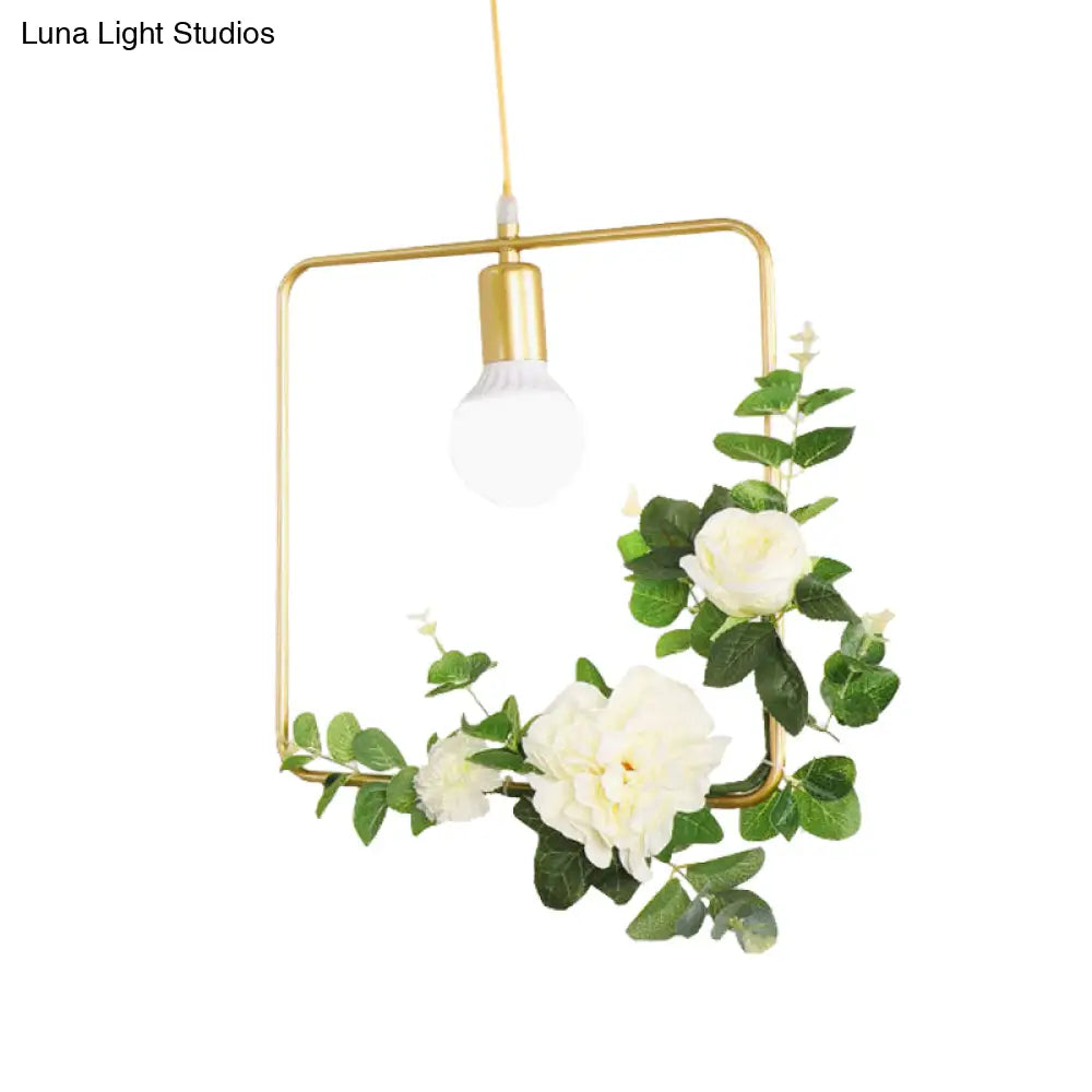 Gold Iron Rectangle/Round Frame Pendant Light with Artificial Bloom Deco - Stylish Suspended Ceiling Fixture