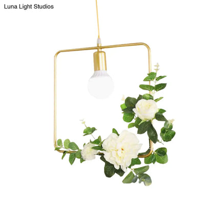 Gold Iron Rectangle/Round Frame Pendant Light with Artificial Bloom Deco - Stylish Suspended Ceiling Fixture