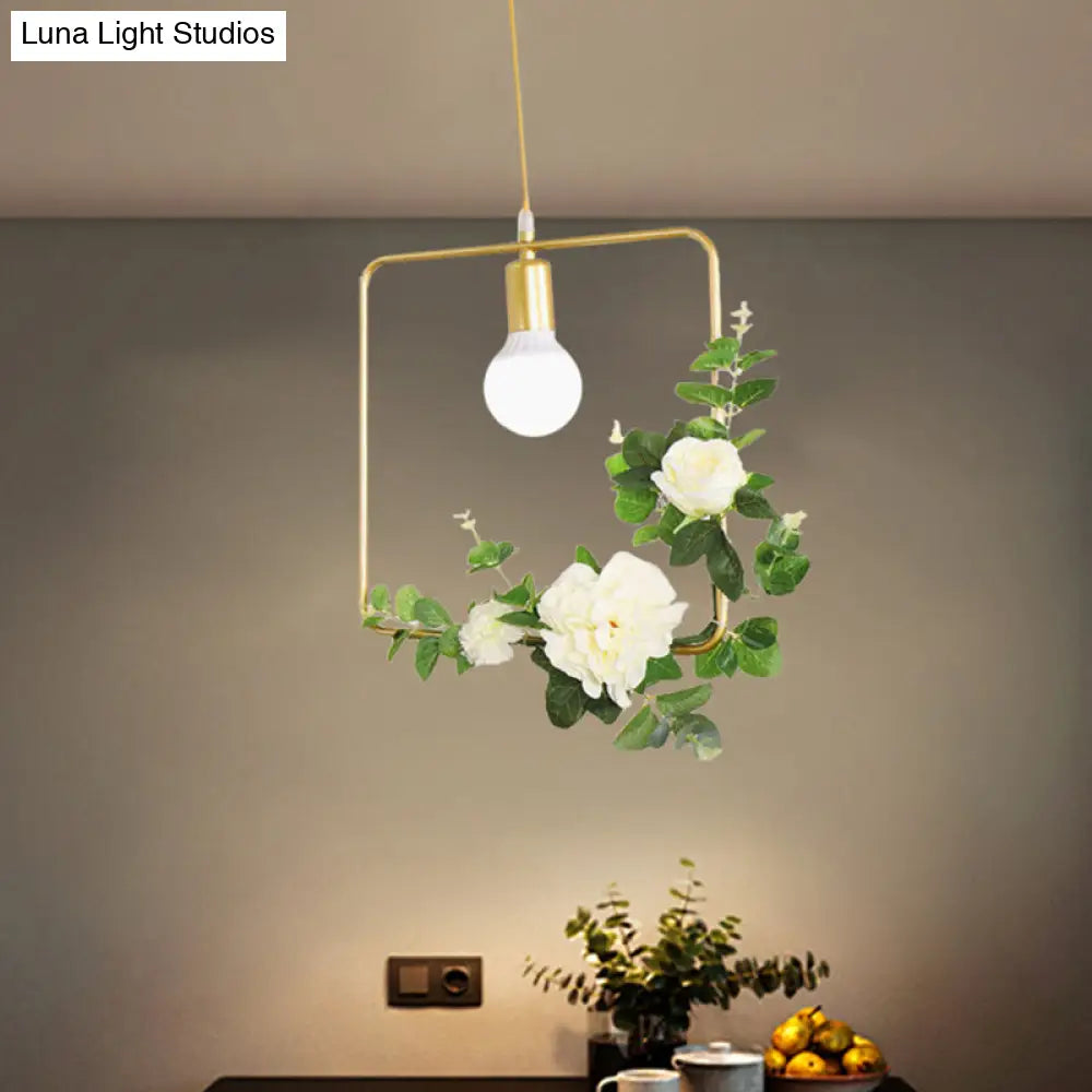 Gold Iron Rectangle/Round Frame Pendant Light with Artificial Bloom Deco - Stylish Suspended Ceiling Fixture