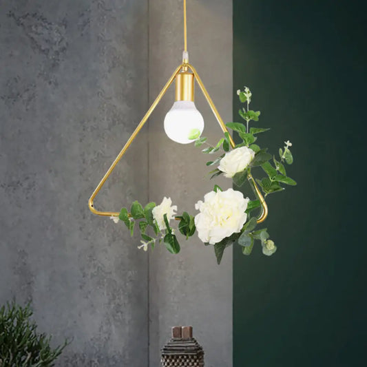 Gold Iron Rectangle/Round Frame Pendant Light with Artificial Bloom Deco - Stylish Suspended Ceiling Fixture