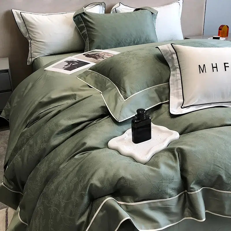 Olive green satin duvet set with floral embroidery and white piping in gold jacquard satin and egyptian cotton patchwork bedding set