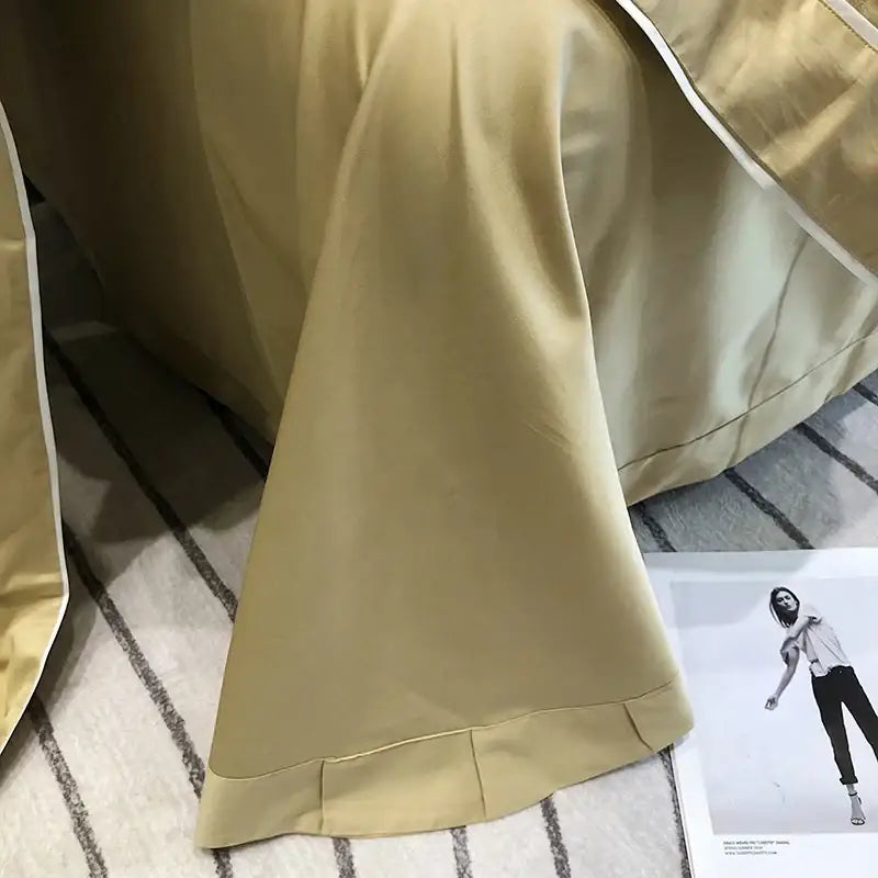 Beige satin bed skirt with white piping edge in decorbites jacquard satin and egyptian cotton patchwork bedding set