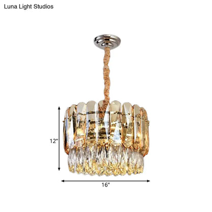 Lámpara de techo de 2 niveles con 6 bombillas de cristal K9 dorado - Diseño moderno en forma de tambor