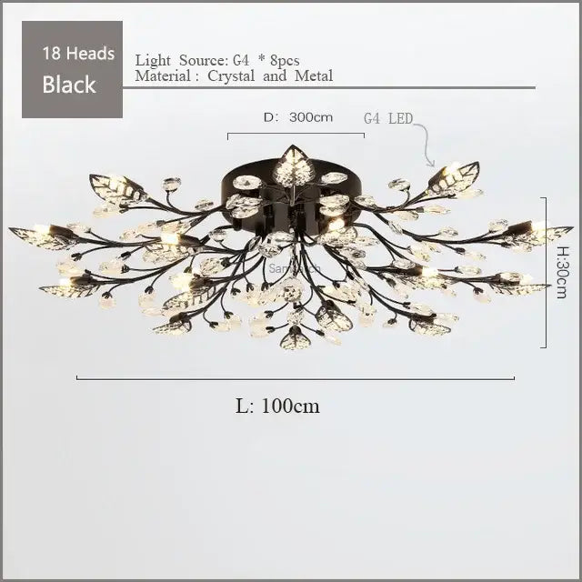 Black ceiling chandelier led with 18 crystal leaf-shaped heads and metal branches for living room decorbites crystal ceiling
