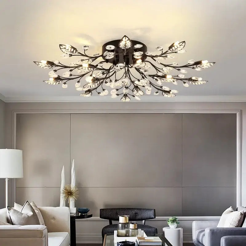 Black metal crystal ceiling chandelier with branch and leaf accents decorbites crystal ceiling for living room lighting