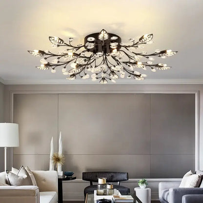 Black metal crystal ceiling chandelier led with branch and leaf accents for elegant living room decorbites crystal ceiling