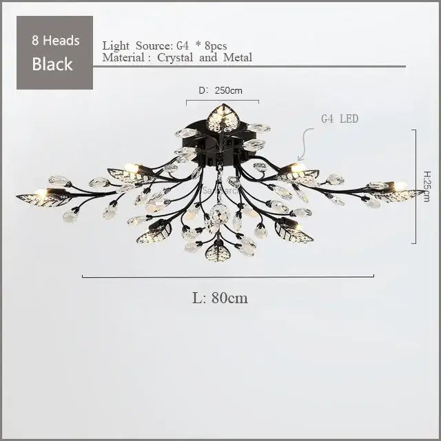 Black leaf-themed decorbites crystal ceiling chandelier with gold accents and g4 led bulbs for living room decor