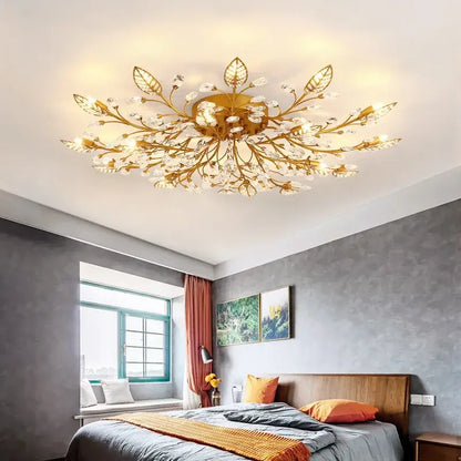 Gold leaf crystal ceiling chandelier led with clear crystal accents for elegant living room decorbites crystal ceiling lighting