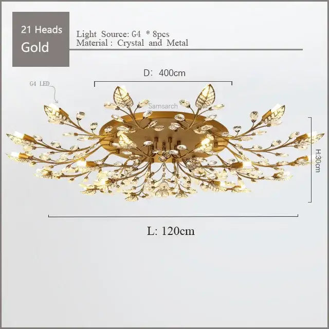 Gold leaf crystal ceiling chandelier led with eight G4 LED bulbs and crystal accents for living room decorbites decor