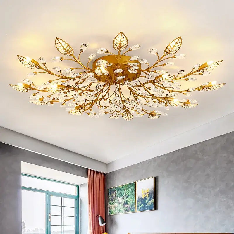 Gold-toned ceiling chandelier led with intricate leaf and crystal designs for elegant living room decorbites crystal ceiling