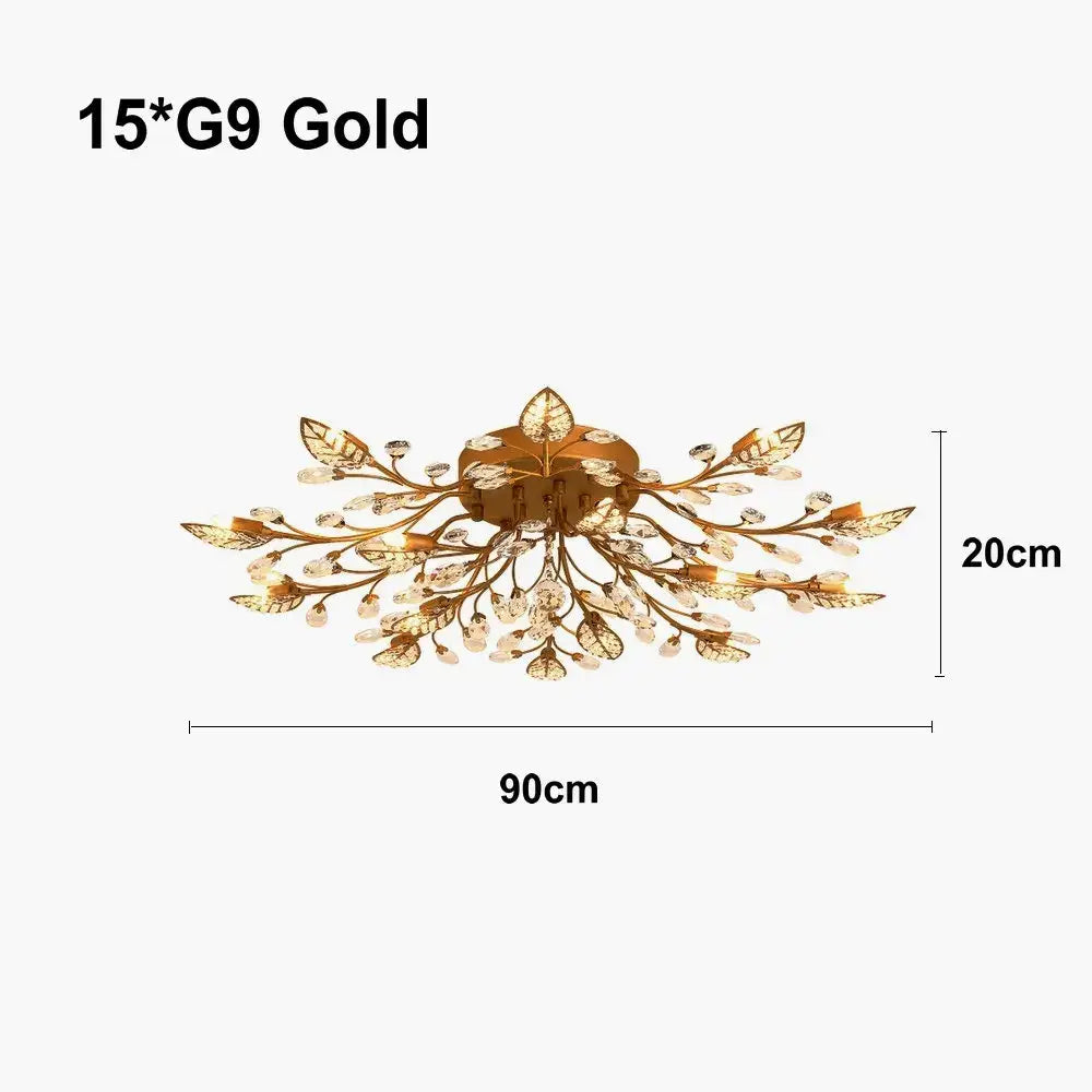 Gold decorbites crystal ceiling chandelier with ornate leafy branches and clear crystal accents for living room decor
