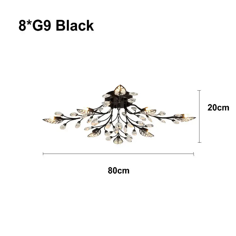 Black leaf-themed decorbites crystal ceiling chandelier with crystal accents and eight g9 bulbs for living room