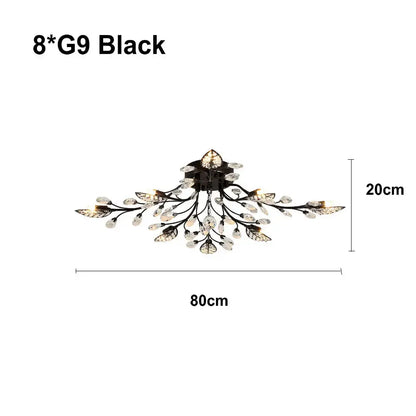 Black leaf-themed decorbites crystal ceiling chandelier with crystal accents and eight g9 bulbs for living room
