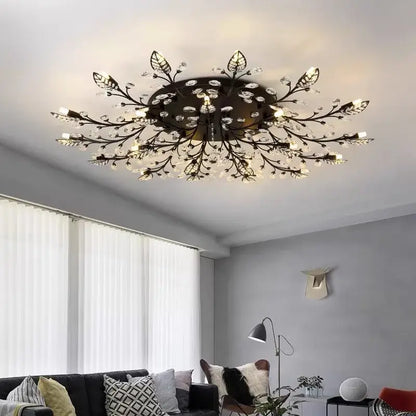 Black wrought iron decorbites crystal ceiling chandelier with gold leaf design and crystal accents for living room