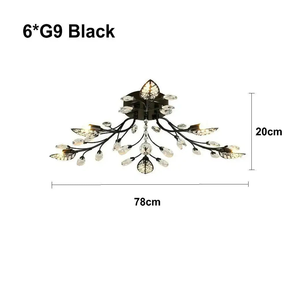 Black wrought iron decorbites crystal ceiling chandelier with six g9 bulbs and clear crystal leaf droplets for living room