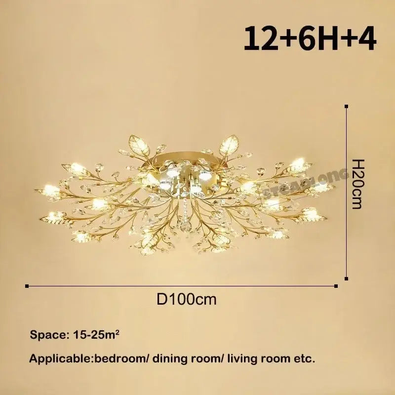 Gold-toned decorbites crystal ceiling light fixture with intricate leaf and crystal designs for living room chandelier