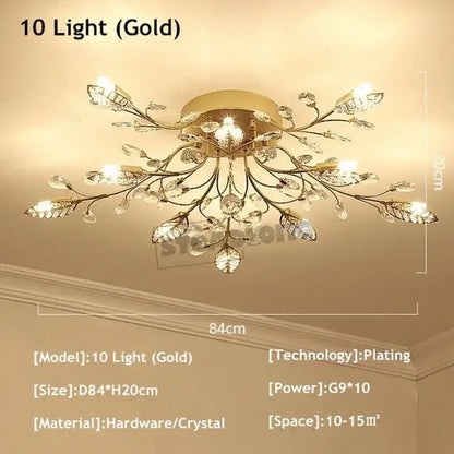 Gold-plated decorbites crystal ceiling chandelier with ten illuminated crystal leaves and branches for living room light