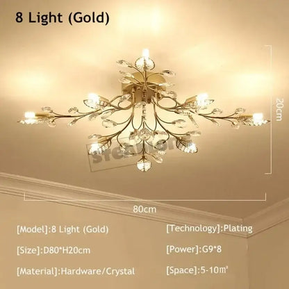 Gold-plated decorbites crystal ceiling chandelier with eight lights and clear crystal accents for living room use