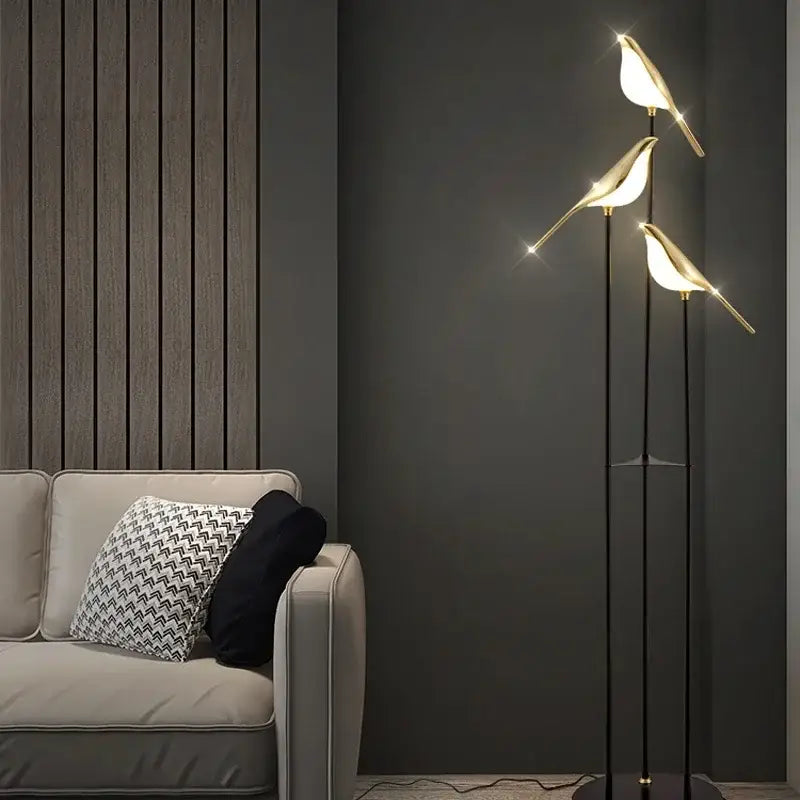 Gold led bird desk lamp with three illuminated bird-shaped fixtures in a sleek modern design for bedroom decorbites led bird