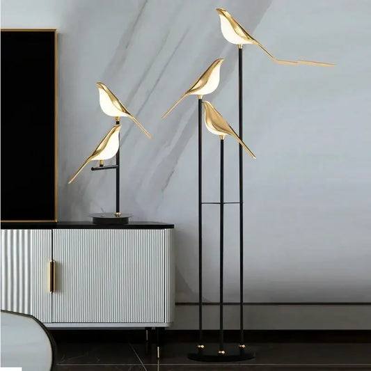 Gold led bird desk lamp with illuminated bodies and black metal stands for bedroom and living room decorbites led bird