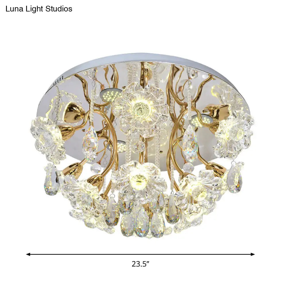 DecorBites™ DecorBites™ Gold LED Flush Mount Lamp with Traditional Clear Crystal Floral Shade and Droplet Accents