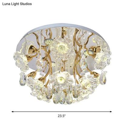 DecorBites™ DecorBites™ Gold LED Flush Mount Lamp with Traditional Clear Crystal Floral Shade and Droplet Accents