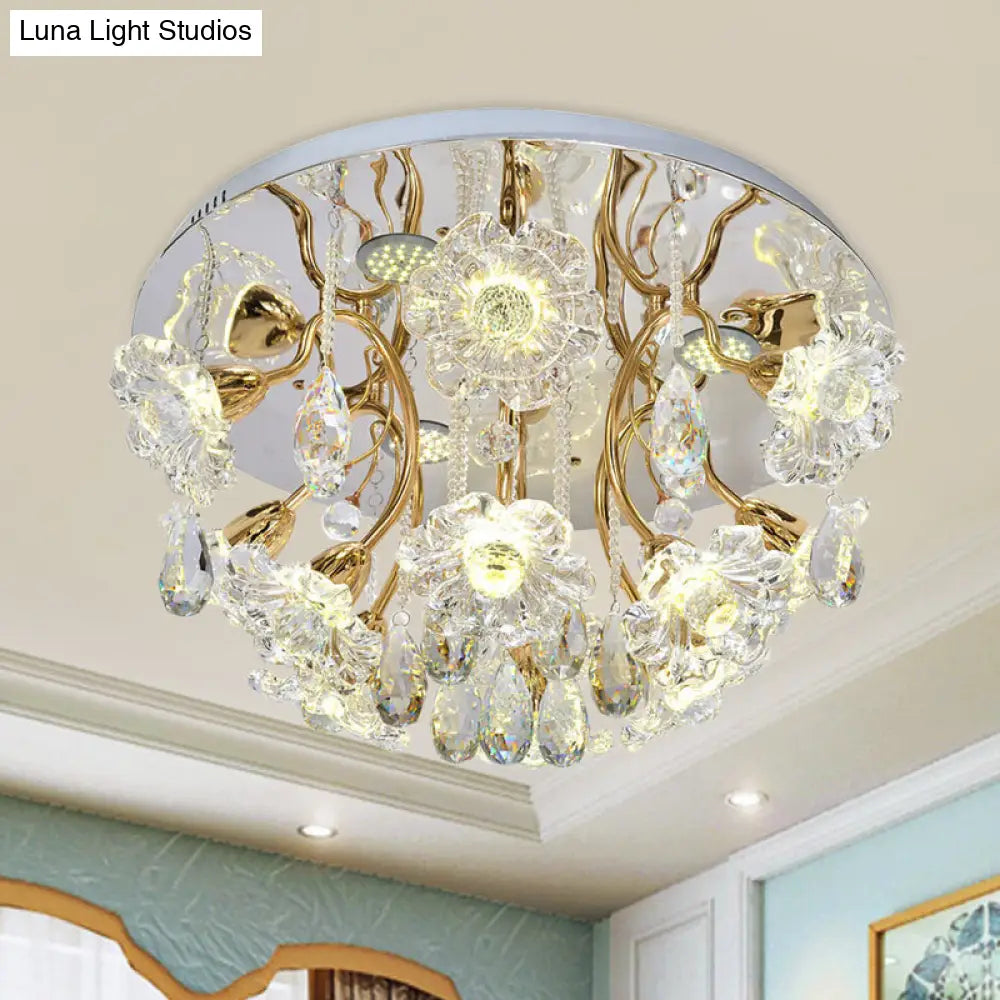DecorBites™ DecorBites™ Gold LED Flush Mount Lamp with Traditional Clear Crystal Floral Shade and Droplet Accents