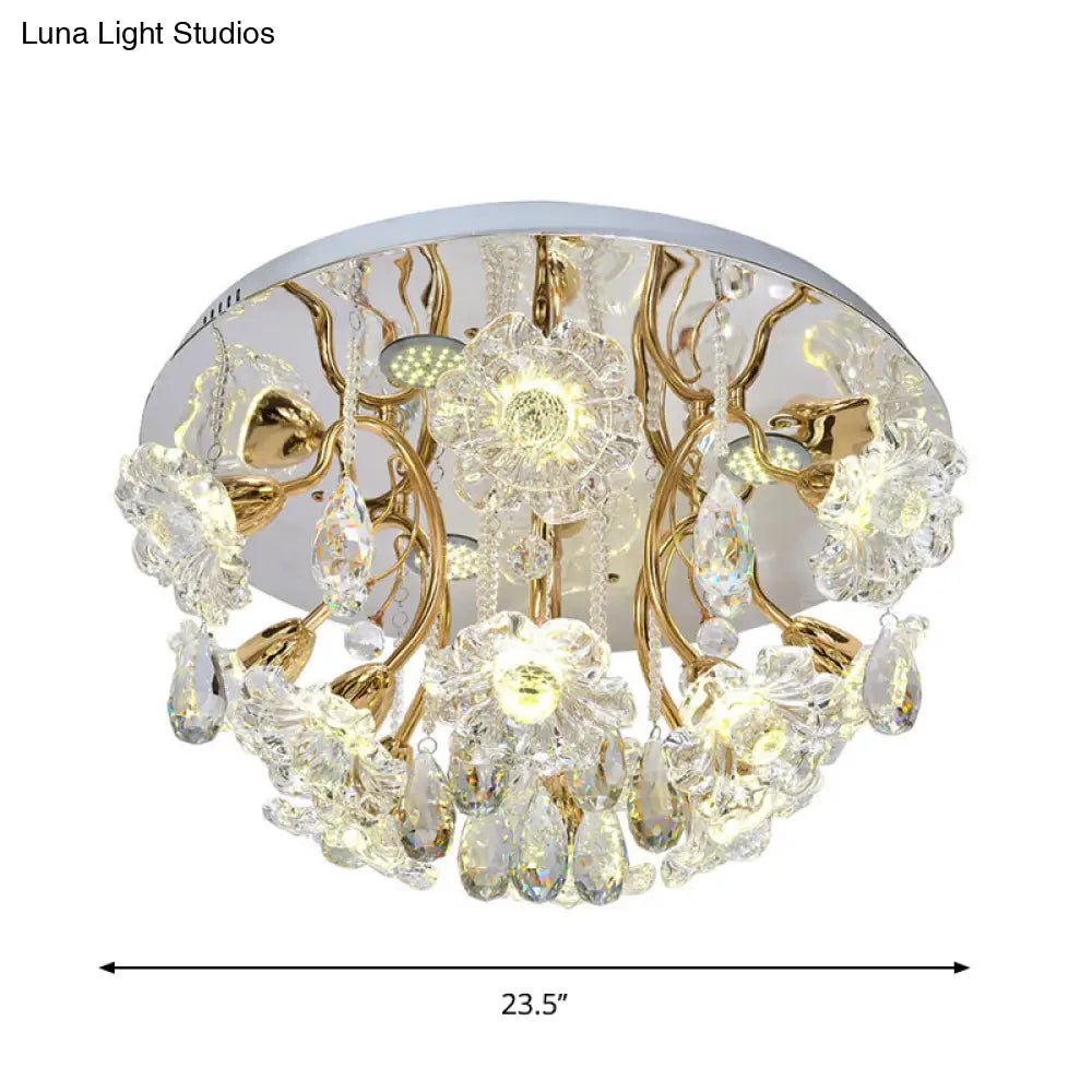 DecorBites™ DecorBites™ Gold LED Flush Mount Lamp with Traditional Clear Crystal Floral Shade and Droplet Accents