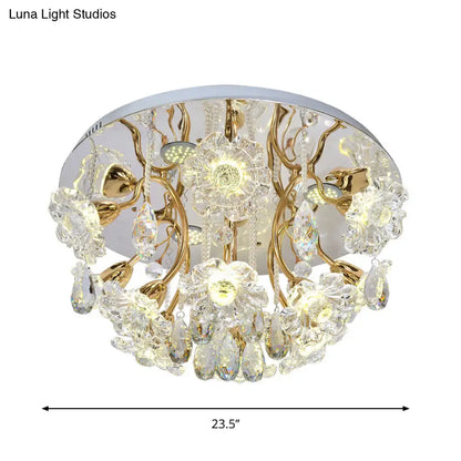 DecorBites™ DecorBites™ Gold LED Flush Mount Lamp with Traditional Clear Crystal Floral Shade and Droplet Accents