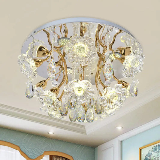 DecorBites™ DecorBites™ Gold LED Flush Mount Lamp with Traditional Clear Crystal Floral Shade and Droplet Accents