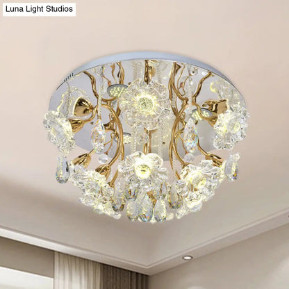 DecorBites™ DecorBites™ Gold LED Flush Mount Lamp with Traditional Clear Crystal Floral Shade and Droplet Accents